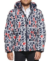 Tommy Hilfiger Jaqueta masculina acolchoada com capuz, Logotipo abstrato vermelho, branco, azul, GG