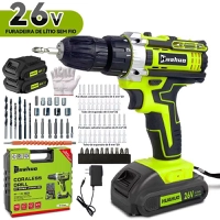 Parafusadeira Furadeira 26V Sem Fio Impacto Com Maleta Completo Broca Bits Maleta (110V/220V)