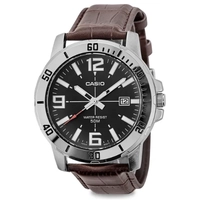 Relógio Casio Masculino Collection Couro Mtp-vd01l-1bvudf Correia Marrom Bisel Prateado Fundo Preto