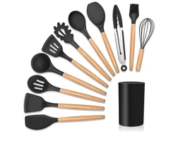 Kit 12 Utensílios de Cozinha Silicone Cabo de Madeira