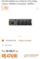 SSD NVMe XPG SX6000 Lite, 512Gb Leituras: 1800Mb/s e Gravações: 1200Mb/s | R$474
