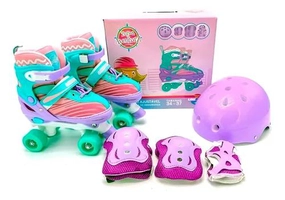 Patins Infantil Inline/quad + Kit Proteção Completo 2 In 1