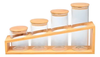 Jogo De Porta Condimentos Vidro C/ Tampa Suporte Bambu 4 Pçs