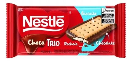 [Leve 11 R$4.38 cada] 11x Barra de chocolate ao leite recheado com biscoito de chocolate e baunilha Nestlé Choco Trio pacote 90g