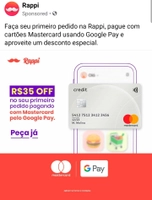 [Mastercard e Google pay] Rappi R$35 OFF em compras acima de R$50 - Apenas primeiro pedido