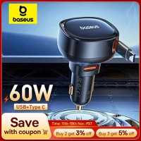 Carregador de Carro 60W 2-em-1 Cabo Retrátil PD 30W Baseus