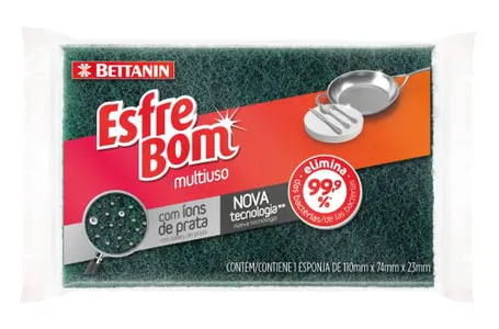 [Rec] Esponja Abrasiva Multiuso com Íons de Prata, Unitária, Cor Verde/Amarelo, Linha EsfreBom, Bettanin