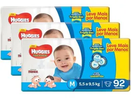 [276un]Kit Fraldas Huggies Tripla Proteção Tam. M - 5,5 a 9,5kg 3 Pacotes com 92 Unidades Cada