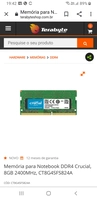 Memória para Notebook DDR4 Crucial, 8GB 2400MHz, CT8G4SFS824A | R$ 290