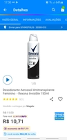 [App + Cashback R$7] Desodorante Aerossol Antitranspirante Feminino - Rexona Invisible 150ml - R$11