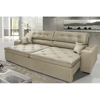 [R$1.445 AME] Sofá Austin 2,62m Retrátil, Reclinável com Molas no Assento e Almofadas, Tecido Suede Bege | R$1.700