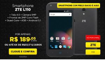 Celular Smartphone ZTE L110 Preto - Dual Chip, 3G,Tela 4.0, Câmera 5MP + Frontal de 2MP Com Flash, Quad-Core 1.3 GHZ, 4GB, 512 MB, Android 5.1 189,05