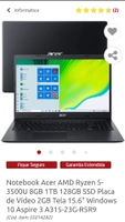 Notebook Acer AMD Ryzen 5-3500U 8GB 1TB 128GB SSD Placa de Vídeo 2GB Tela 15.6” R$3799