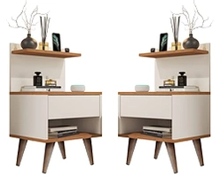 KIT 2 Mesas De Cabeceira Modelo Sleep Com Gaveta Pés Pinus Amadeirado Cor Off Nature