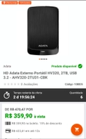 HD Adata Externo Portátil HV320, 2TB, USB 3.2 - AHV320-2TU31-CBK