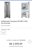 Refrigerador Panasonic Frost Free Inverse e Inverter 480 Litros Painel Blue Touch - R$3850