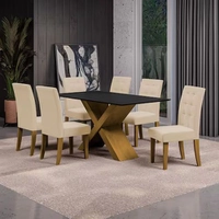 Mesa de Jantar Retangular Dobuê Dubai Light 160x90cm com 6 Cadeiras Estofadas Revestidas em Tecido Veloplus - Carvalho/Preto/Bege