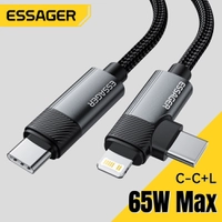 [Taxa inclusa] Cabo de dados Essager Tipo C para Tipo C e Lightning, PD 65W, 2 em 1
