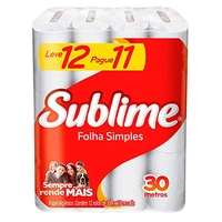 [Rec] Papel Higiênico Sublime Folha SIMPLES Neutro, Branco, 12 rolos