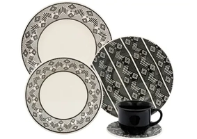 Aparelho de Jantar e Chá 20 Peças Biona de Cerâmica Redondo Bege e Preto Donna