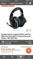 Headset Gamer Logitech G935, Sem Fio, RGB, Som Surround 7.1, Drivers Pro-G de 50mm | R$850