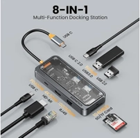 8 em 1, USB C Hub Dock Station Tipo C Compatível com HDMI, Porta Ethernet, RJ45, Adaptador PD 100W