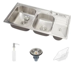 Cuba para cozinha pia dupla em aço inox com acessórios e lixeira Nukini PIngoo.casa