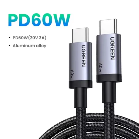 [R$32,68 Moedas/App] (2 cabos R$16,34 un) Cabo UGREEN PD60W USB-C para USB-C 2 metros