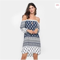 Vestido Fiya Lady Evasê Curto Estampado - Azul - R$47,90