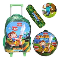 Kit Mochila Escolar Infantil Rodinha 3 peças Game Craft Cubic