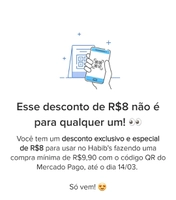 R$8,00 OFF HABIB'S USANDO QR CODE MERCADO PAGO