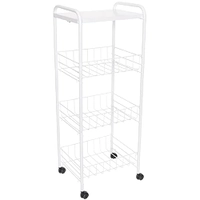 Fruteira de Chão 3 Cestos com Tampo de Madeira e Rodas, Cor Branco, Metaltru