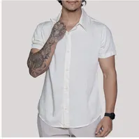 Camisa De Linho Masculina Manga Curta Para Verão Moda Praia