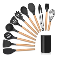Kit 12 Utensílios Cozinha Silicone com Cabo Madeira
