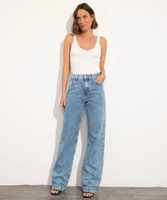 Calça Jeans Feminina Mindset Reta Loose Copenhagen Cintura Super Alta Azul Claro