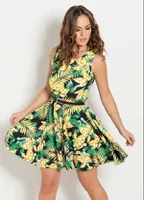 Moda Pop - Vestido Godê Folha e Geométrico Laranja | R$25