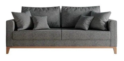 Sofá 3 Lugares Beny Linho Cinza com Base de Madeira