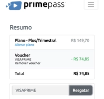 50% OFF na assinatura dos planos mensais do PrimePass pagando com Visa