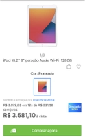 iPad 10,2" 8ª geração Apple Wi-Fi 128GB | R$3581