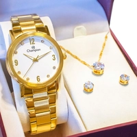 [APP] Relógio Champion Feminino Analógico Dourado Prova D'Água + Colar e Brincos