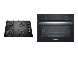 Kit Cooktop 4 Bocas Continental a Gás de Vidro  Temperado Preto + Forno de Embutir a Gás Continental 50L com TOPLimpaFácil (KC4GP+OC4GM)