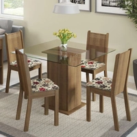 Conjunto Sala de Jantar Madesa Magda Mesa Tampo de Vidro com 4 Cadeiras - Rustic/Hibiscos - Marrom