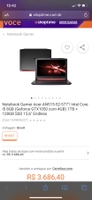 Notebook Gamer Acer AN515-52-5771 Intel Core I5 8GB (Geforce GTX1050 com 4GB) 1TB + 128GB SSD 15,6" Endless