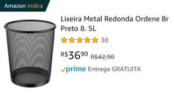 [PRIME] Lixeira Metal Redonda Ordene Br Preto 8. 5L | R$36