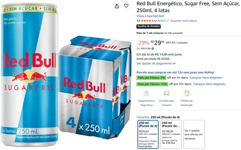 Red Bull Energético, Sugar Free, Sem Açúcar, 250ml, 4 latas
