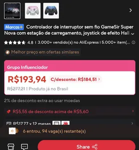 [Moedas R$178] Controle sem fio GameSir Super Nova para PC Switch