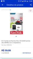 Kit 3 Cartões de Memória Micro SD 64GB SanDisk Ultra 80MB/s Com 3 Adaptadores R$ 60