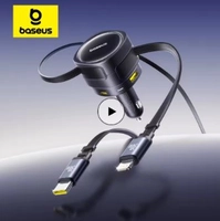 Carregador Veicular BASEUS com Dois Cabos USB Tipo C Retráteis + Duas Saídas Tipo A e C, 90W, PD e 360°