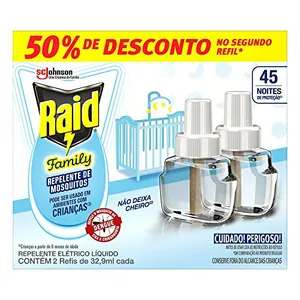 Raid Repelente Eletrico Líquido Family Refil, Até 45 Noites de Proteção, 2 unidades de 32,9ml