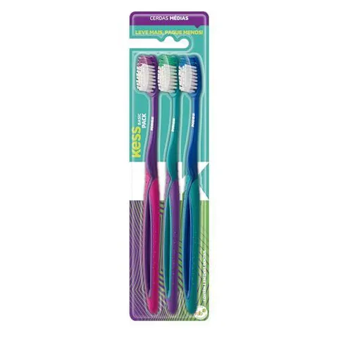[REC/ +por-R$4,72] Kess Combo Econômico 3 Escovas Dentais Multicor